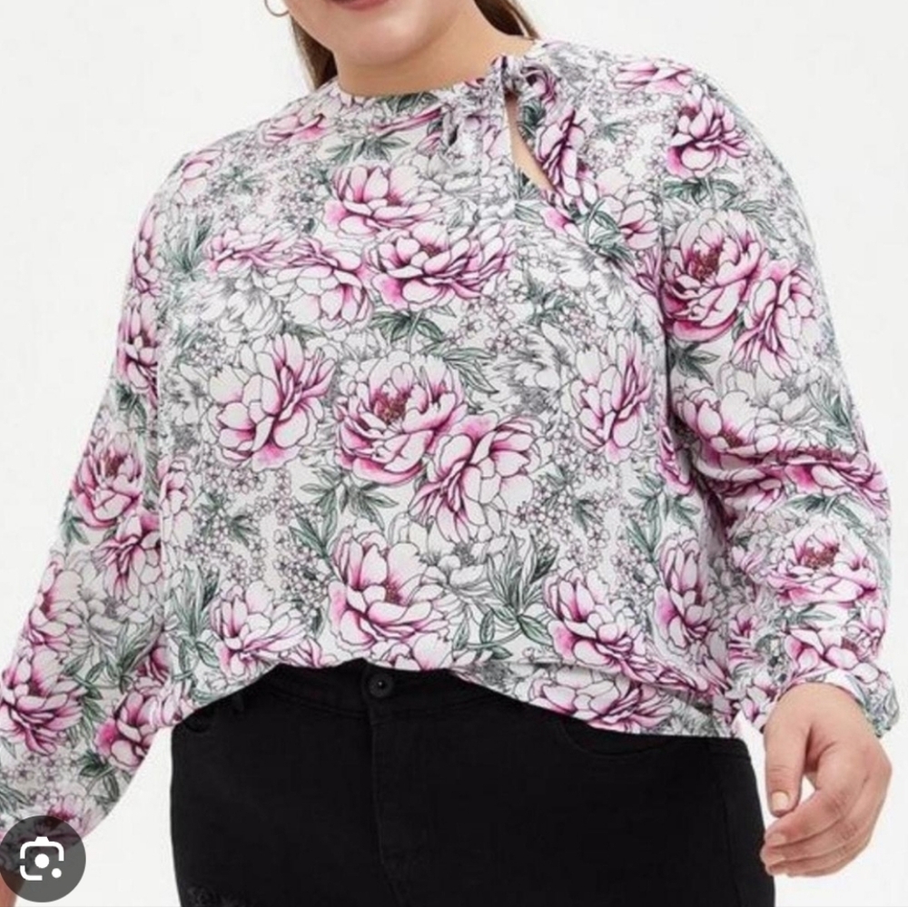 Torrid Romantic Fairycore Floral Side Bow Tie Neck Long Sleeve Blouse XL
